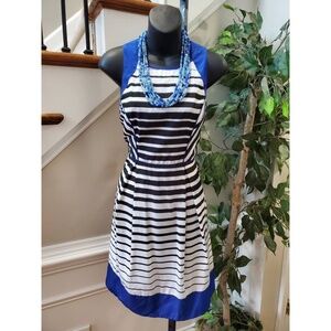 NWT Massimo Black, White, Blue Striped, Round Neck Sleeveless Midi Dress, Size 4